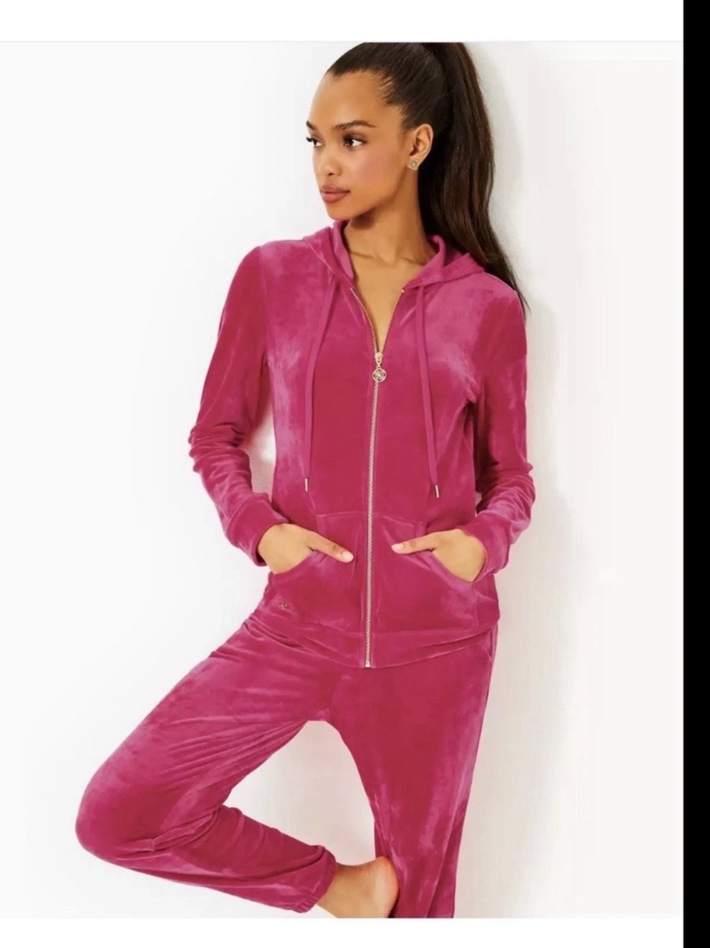 Lilly Pulitzer Larina Velour Full Zip Hoodie & Joggers - Pink Long Sleeve